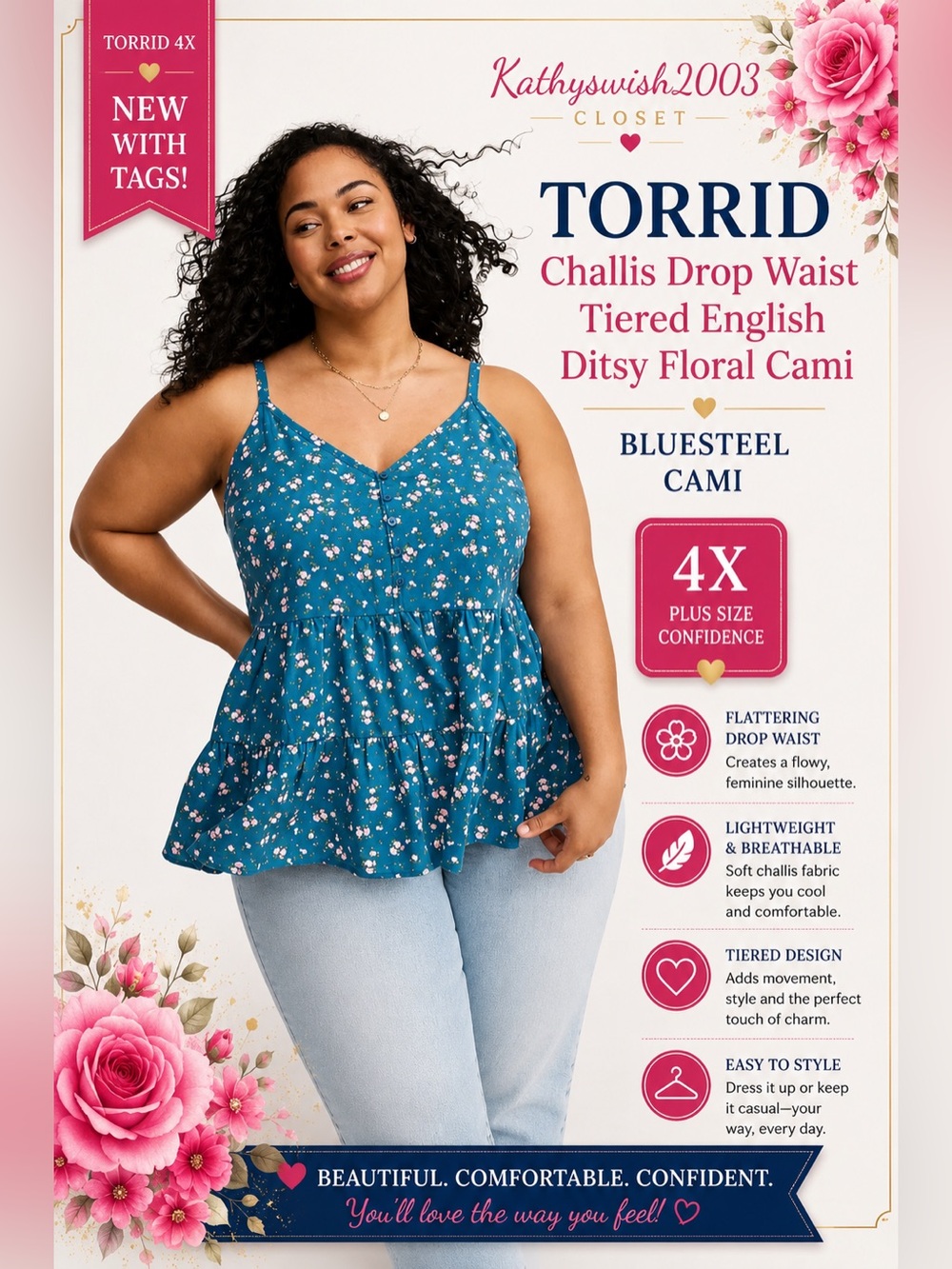 Torrid Challis Drop Waist Tiered English Ditsy Floral Bluesteel Cami NWT 4X